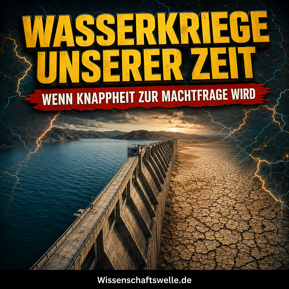 Quadratisches Cover mit einem großen Staudamm zwischen blauem Stausee und rissiger Dürrelandschaft unter dramatischem Himmel; darüber die Überschrift „Wasserkriege unserer Zeit“ und der Banner „Wenn Knappheit zur Machtfrage wird“.