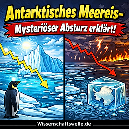Quadratisches Thumbnail im Stil einer überzeichneten Comic-Animation zur Antarktis: Oben steht in großer gelber Schrift mit schwarzer Kontur „Antarktisches Meereis-“. Darunter verläuft ein rotes, gezacktes Banner mit weißer Schrift: „Mysteriöser Absturz erklärt!“. Das Bild ist mittig geteilt: Links eine helle, eisige Antarktis mit blauem Meer, Eisberg, Sonne und einem Pinguin; rechts eine dunklere, dramatische Szene mit aufgebrochenem Meereis, Gewitterhimmel, Feuer am Horizont und einem schmelzenden Eiswürfel mit der Silhouette der Antarktis darin. Gelbe und rote Pfeile zeigen abwärts. Am unteren Rand steht auf einem schwarzen Balken „Wissenschaftswelle.de“.