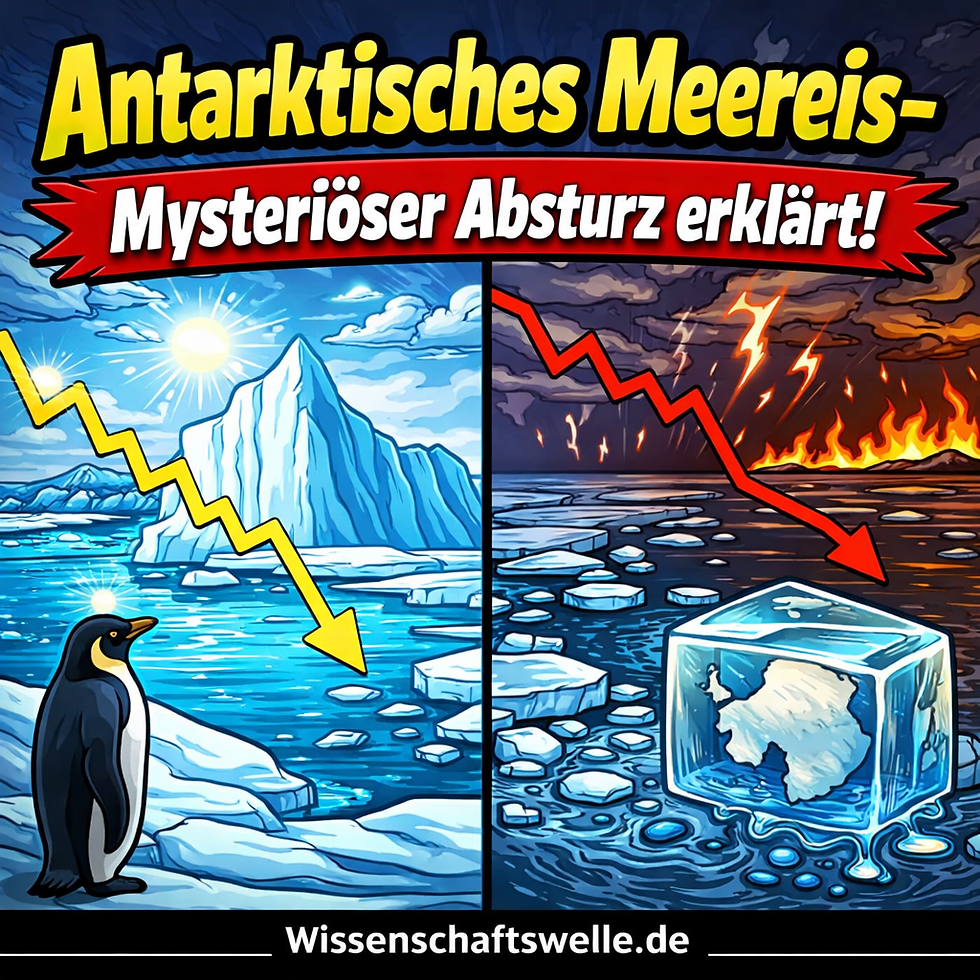 Quadratisches Thumbnail im Stil einer überzeichneten Comic-Animation zur Antarktis: Oben steht in großer gelber Schrift mit schwarzer Kontur „Antarktisches Meereis-“. Darunter verläuft ein rotes, gezacktes Banner mit weißer Schrift: „Mysteriöser Absturz erklärt!“. Das Bild ist mittig geteilt: Links eine helle, eisige Antarktis mit blauem Meer, Eisberg, Sonne und einem Pinguin; rechts eine dunklere, dramatische Szene mit aufgebrochenem Meereis, Gewitterhimmel, Feuer am Horizont und einem schmelzenden Eiswürfel mit der Silhouette der Antarktis darin. Gelbe und rote Pfeile zeigen abwärts. Am unteren Rand steht auf einem schwarzen Balken „Wissenschaftswelle.de“.
