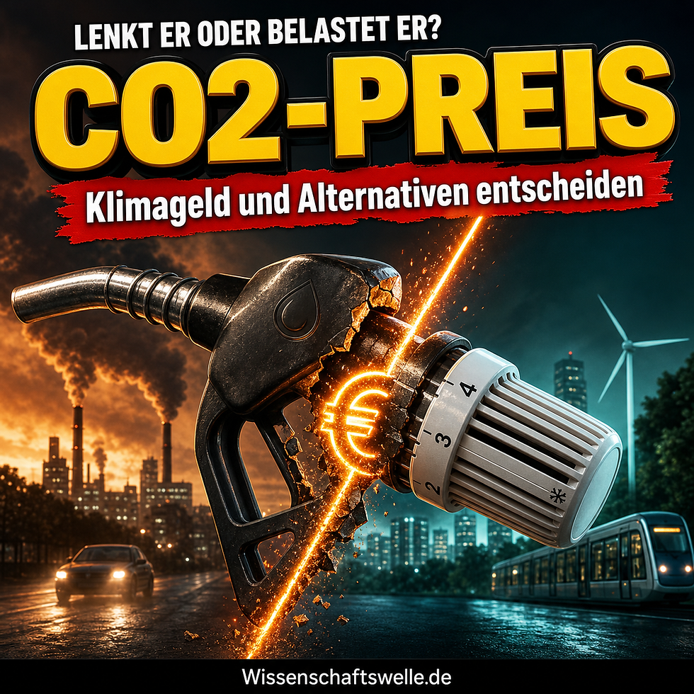 Eine dramatisch gespaltene Hybridform aus Zapfpistole und Heizkörperthermostat wird von einem glühenden Euro-Signal durchschnitten; links fossile Rauchkulisse, rechts Windrad und Straßenbahn als Bild für den klimafreundlichen Umbau.