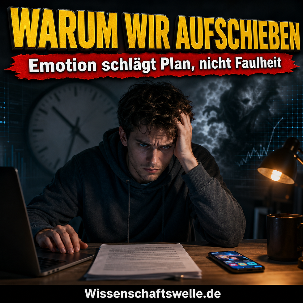 Angespannter junger Mann sitzt nachts am Schreibtisch zwischen Laptop, Unterlagen und Smartphone. Darüber stehen die Worte „Warum wir aufschieben“ und der Banner „Emotion schlägt Plan, nicht Faulheit“.