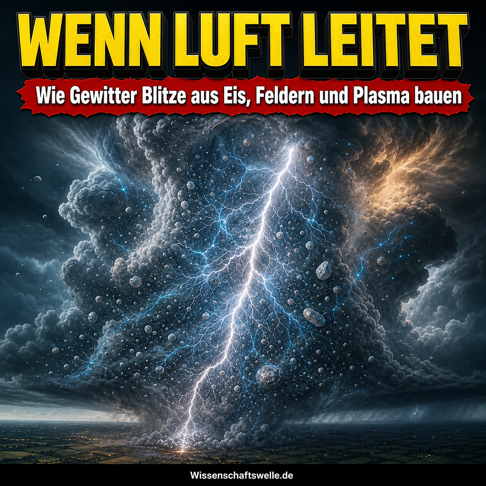 Dramatische Gewitterwolke mit einem hellen verzweigten Blitzkanal, umgeben von Eispartikeln und blauen elektrischen Strukturen; darüber die Headline „WENN LUFT LEITET“ und darunter die Subheadline zur Blitzphysik.
