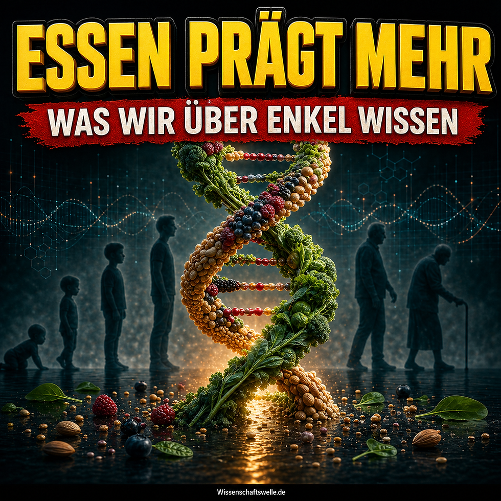 DNA-Doppelhelix aus farbigen Nahrungsstrukturen vor dunklem Hintergrund, darüber die gelbe Headline zur Epigenetik der Ernährung und ein rotes Banner mit einer Einordnung zu Generationeneffekten.