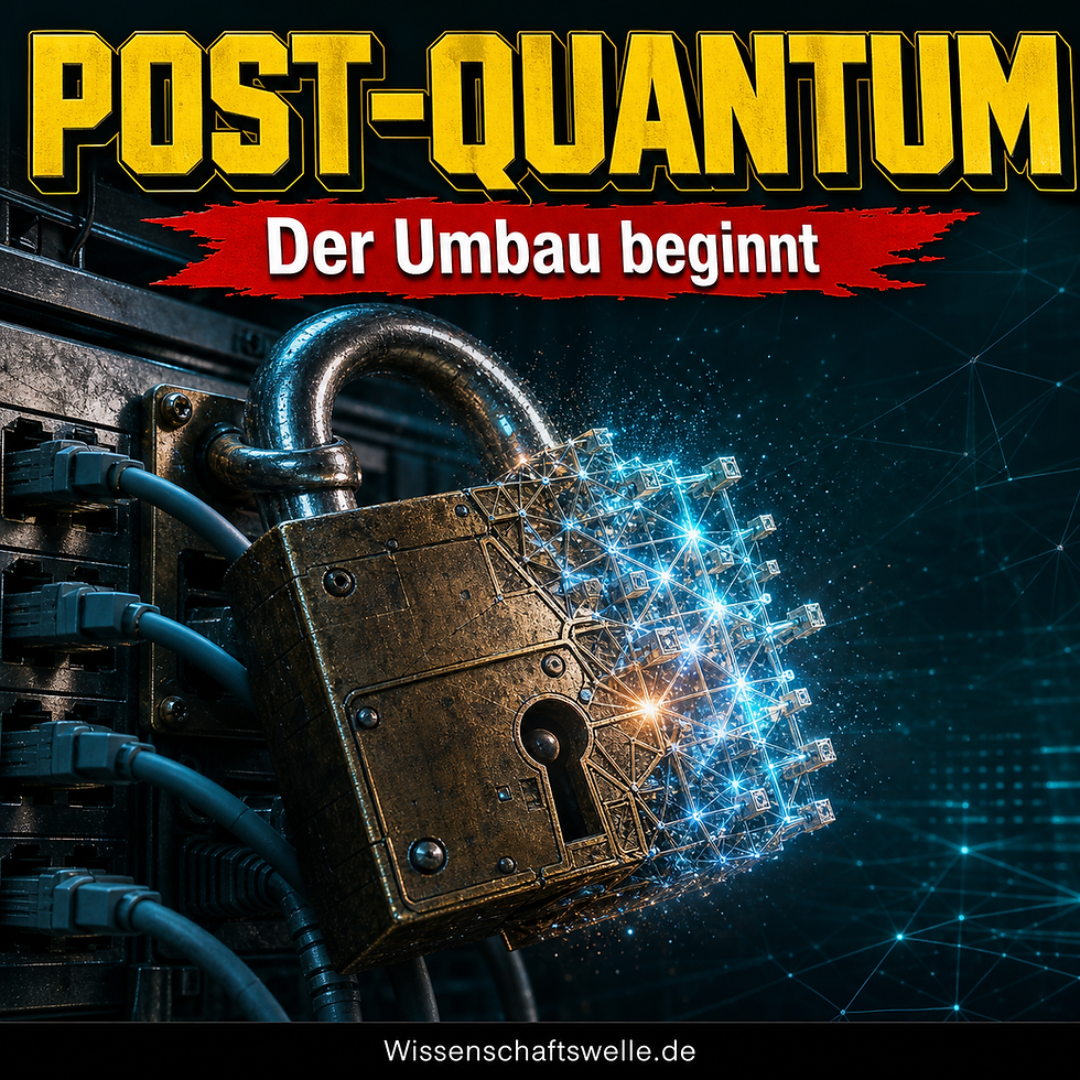 Ein altes Vorhängeschloss hängt an Netzwerkkabeln und geht zur Hälfte in eine leuchtende Gitterstruktur über. Darüber stehen die Worte POST-QUANTUM und Der Umbau beginnt.