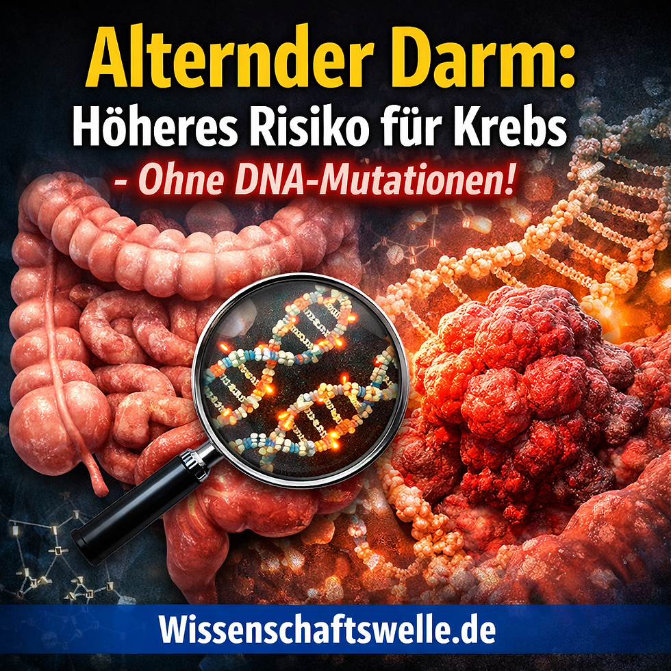 Facebook-Titelbild im Quadratformat: realistische Illustration eines menschlichen Darms, links gesund, rechts stark gealtert mit krebsartigem Tumor. In der Mitte eine Lupe mit leuchtenden DNA- und epigenetischen Markierungen. Großzügige, kontrastreiche Schlagzeile: „Alternder Darm: Höheres Risiko für Krebs – Ohne DNA-Mutationen!“ Unten ein blauer Balken mit der Aufschrift „Wissenschaftswelle.de“.