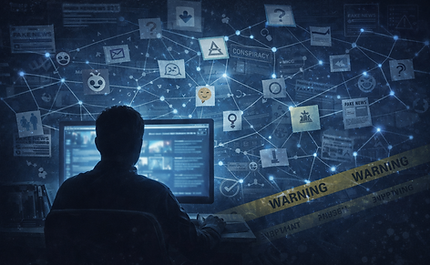 Blaues Monitorlicht, Person vor Bildschirm, vernetztes Symbol-Chaos – Illustration zu Pizzagate-Mythos, Echokammern, Algorithmen und Desinformation.