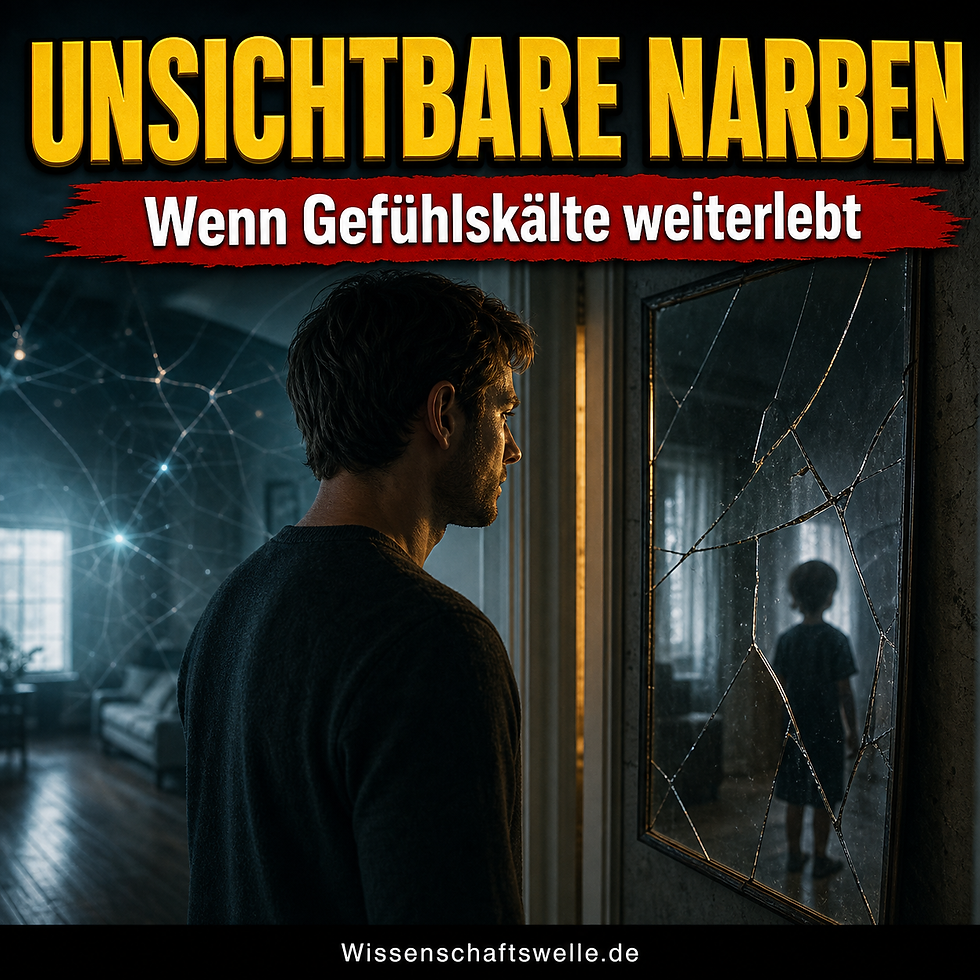 Quadratisches Wissenschaftswelle-Cover mit einer stillen erwachsenen Figur vor zerbrochen wirkenden Spiegel- und Türrahmenformen, darüber die gelbe Überschrift „UNSICHTBARE NARBEN“ und im roten Banner „Wenn Gefühlskälte weiterlebt“.