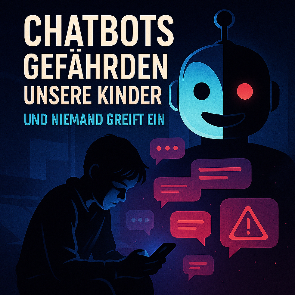Dunkles, kontrastreiches Motiv: Links sitzt ein nachdenklicher Jugendlicher über seinem Smartphone; rechts dominiert ein halb freundlich, halb bedrohlich gezeichneter Roboterkopf. Sprechblasen und ein Warnsymbol visualisieren riskante Chat-Interaktionen; große Schlagworte warnen vor Gefahren für Kinder.