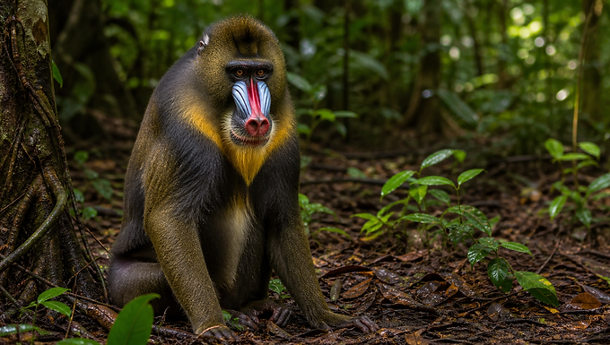 Adulter männlicher Mandrill mit blau-roter Schnauze sitzt aufmerksam im tropischen Regenwaldlicht