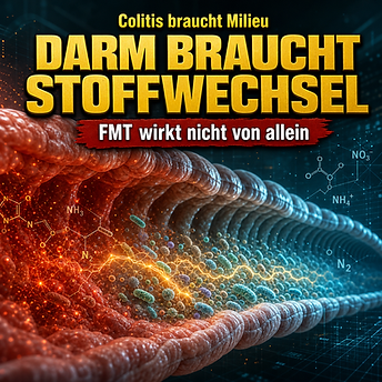 Wissenschaftswelle-Cover mit einem stilisierten Darm als leuchtende Landschaft, in die gezielt geordnete Mikrobiom-Strukturen einwandern, während chemische Signalbahnen das Milieu sichtbar formen.