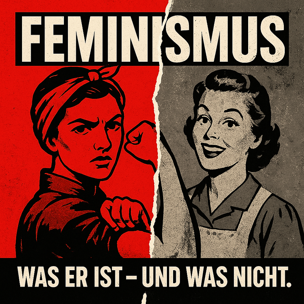 Ein Plakat im Retro-Stil ist in der Mitte zerrissen: links eine kämpferische Arbeiterin im „Rosie the Riveter“-Look, rechts eine lächelnde Hausfrau der 1950er Jahre. Oben steht groß „FEMINISMUS“, unten der Kontrasttitel: „Was er ist – und was nicht.“ Der Bildstil unterstreicht den Gegensatz zwischen emanzipatorischer Bewegung und traditionellen Rollenbildern.