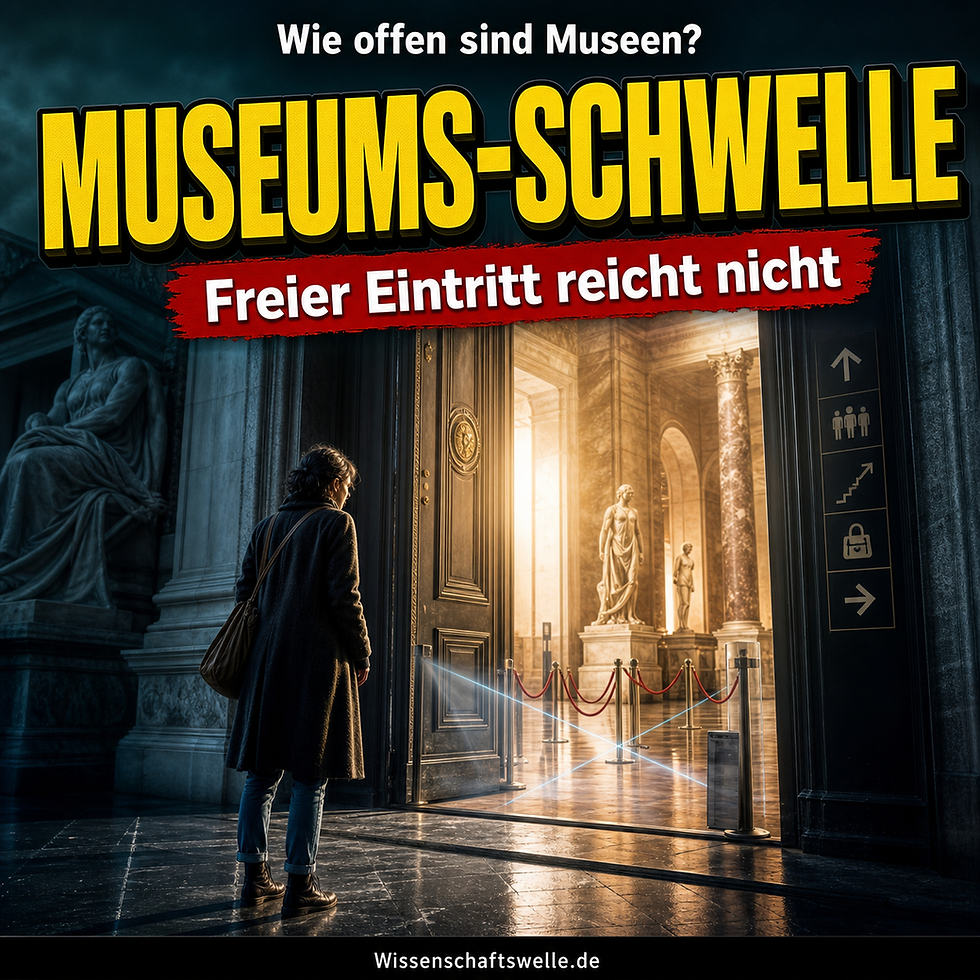 Eine Besucherin zögert vor einem hell erleuchteten Museumseingang; offene Tür, Absperrseile und Leitschilder machen eine unsichtbare soziale Schwelle sichtbar.