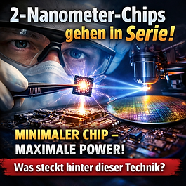Realistisches Titelbild zur Chipfertigung: Ein Wissenschaftler hält mit einer Pinzette einen leuchtenden Mikrochip über einer Platine, im Hintergrund eine moderne Halbleiterfertigungsanlage. Auf dem Bild steht der Text „2-Nanometer-Chips gehen in Serie! Minimaler Chip – maximale Power! Was steckt hinter dieser Technik?“.