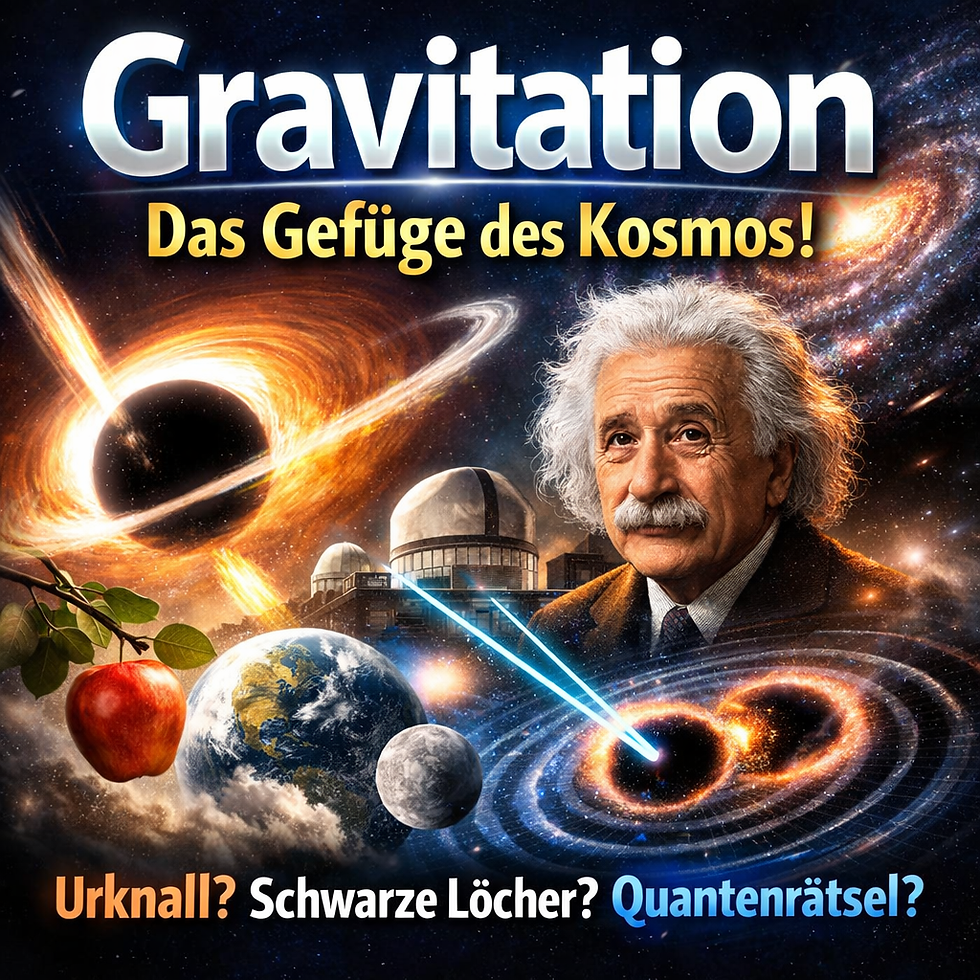 Eine kosmische Collage zeigt Sterne und Galaxien sowie ein schwarzes Loch mit leuchtender Akkretionsscheibe. Im Vordergrund sind eine Personendarstellung im Stil eines Wissenschaftsporträts, ein Apfel und ein Planetensystem zu sehen; große Schrift kündigt das Thema Gravitation an.