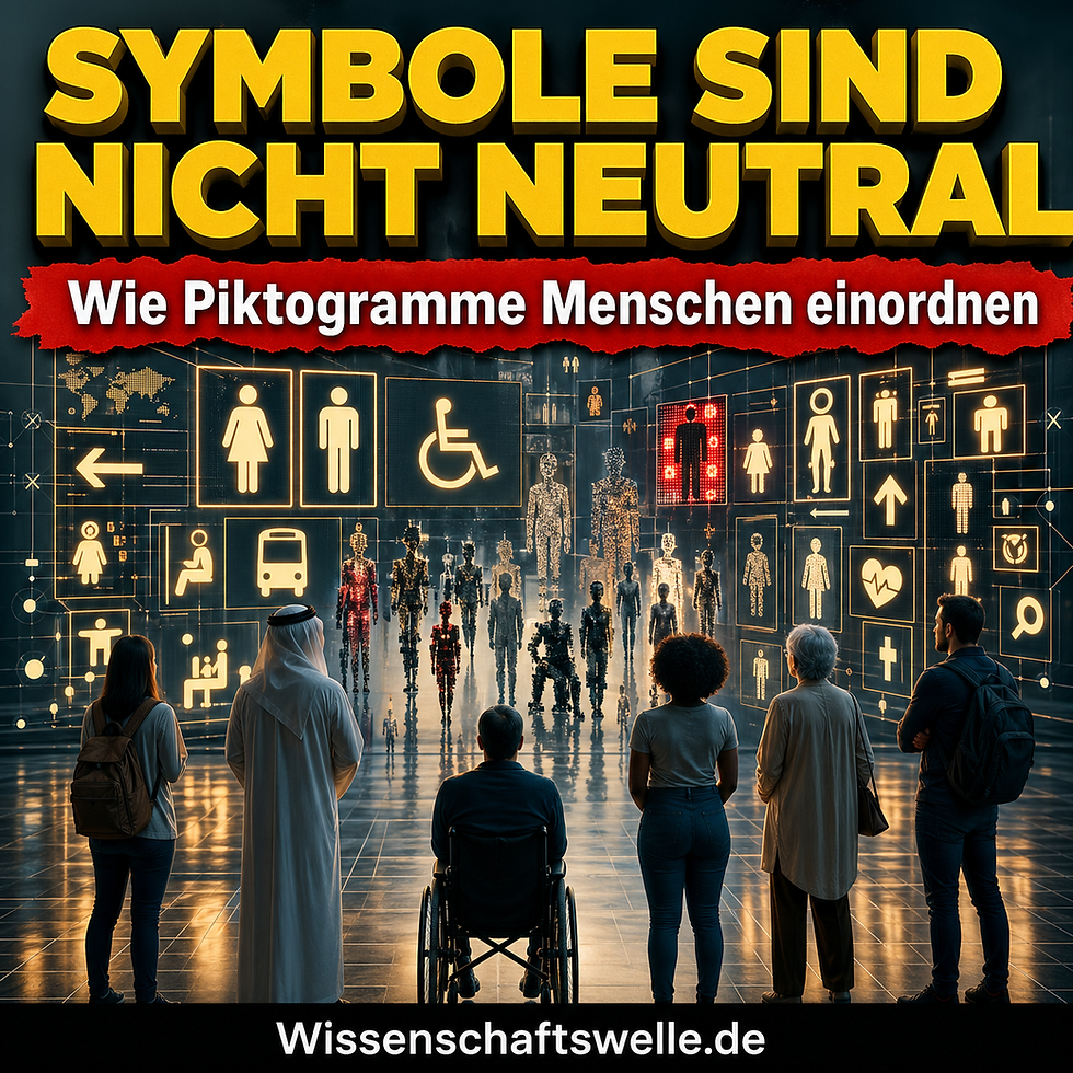 Leuchtende Piktogramme für Toilette, Mobilität, Medizin und Orientierung formen vor einer diversen Menschengruppe ein visuelles Leitsystem über Normen, Inklusion und Missverständnisse.