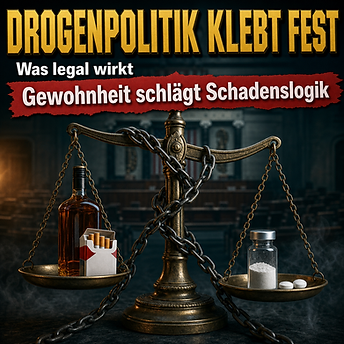 Wissenschaftswelle-Cover mit einer angeketteten Waage zwischen legalen und illegalen Drogenobjekten als Bild für festgefahrene Drogenpolitik.