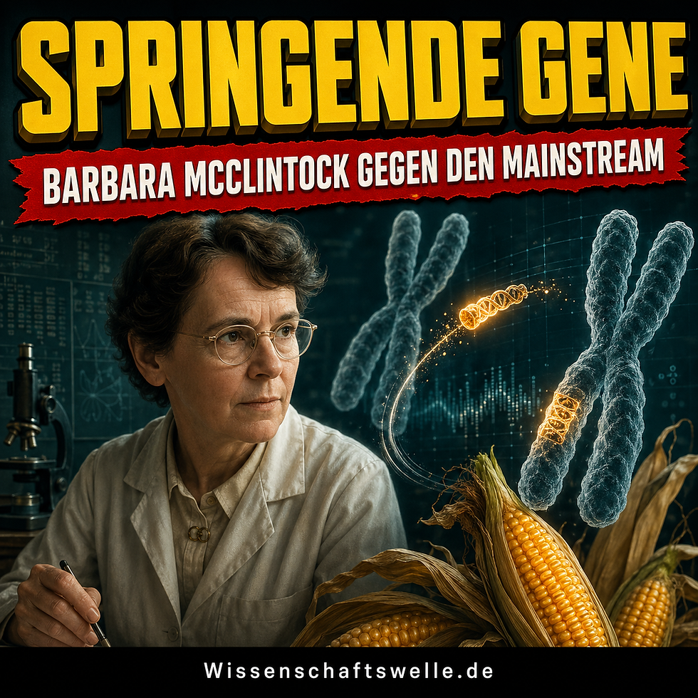 Wissenschaftlerin im Stil von Barbara McClintock mit Maiskolben, großen Chromosomen und einem leuchtenden mobilen Gensegment vor dunklem Laborhintergrund.