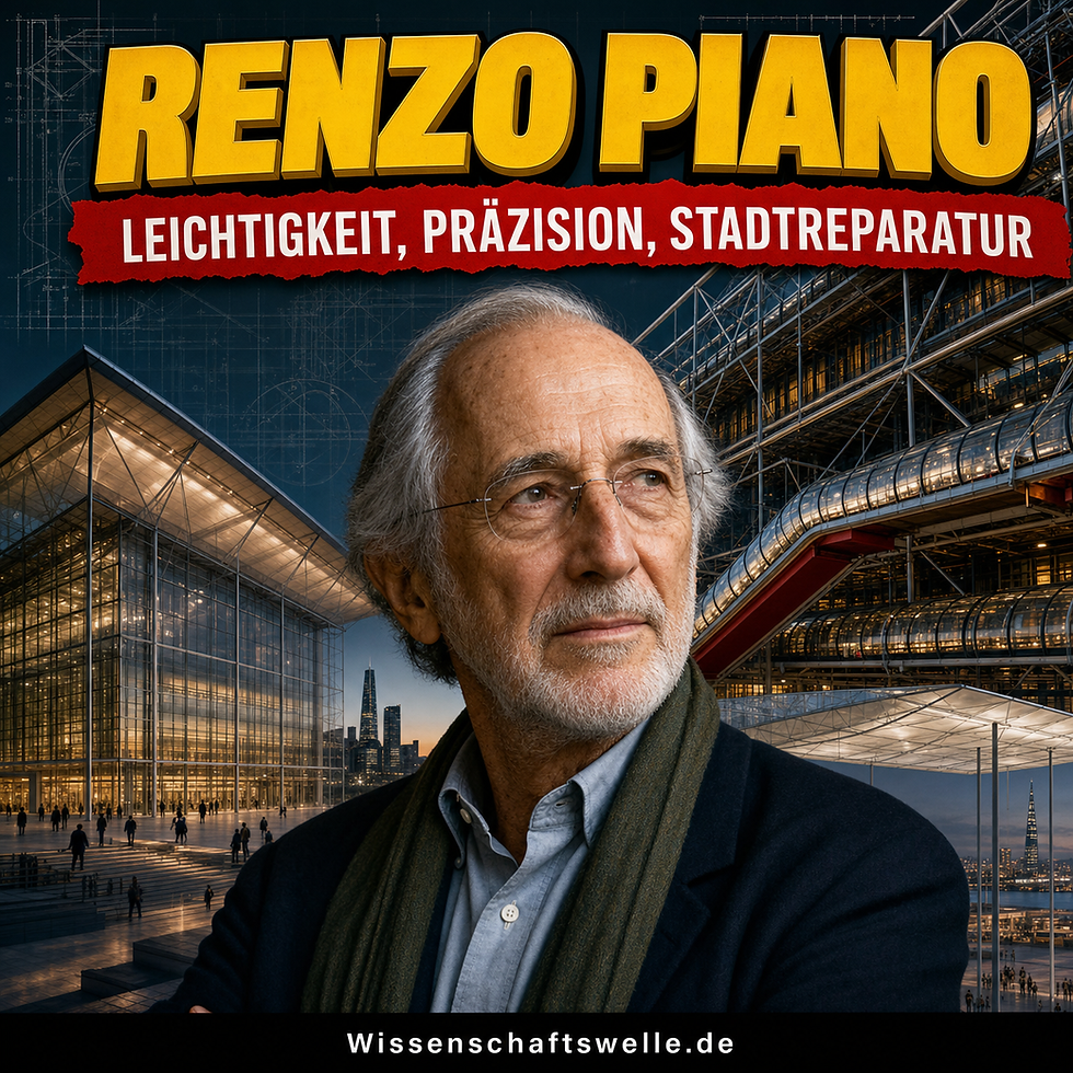 Quadratisches Cover mit einem realistischen Porträt von Renzo Piano vor einer architektonischen Montage aus Glasfassade, Tragwerk und Pompidou-Elementen. Darüber steht in gelber 3D-Schrift „RENZO PIANO“, darunter auf rotem Banner „LEICHTIGKEIT, PRÄZISION, STADTREPARATUR“.