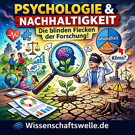 Cartoonhaftes Thumbnail: Eine große Lupe zeigt ein menschliches Profil mit Gehirn und wachsender Pflanze als Symbol für Psychologie und Nachhaltigkeit. Links stehen Szenen zu Gesundheit, Bildung und sozialer Entwicklung, rechts eine zerstörte Landschaft mit Fabriken und Windrädern – darüber der Titel „Psychologie & Nachhaltigkeit – Die blinden Flecken der Forschung“ und unten „Wissenschaftswelle.de“.