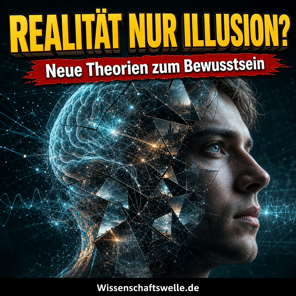 Quadratisches Titelbild mit einem menschlichen Kopf im Profil, der aus Lichtschichten, neuronalen Mustern und einem zerbrechenden Spiegelraum aufgebaut ist; darüber die Headline zur Frage, ob unsere Realität nur eine Illusion ist, und darunter ein roter Banner zum neuen Blick auf das Bewusstsein.