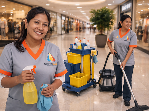 Trabajo en equipo de limpieza en el centro comercial