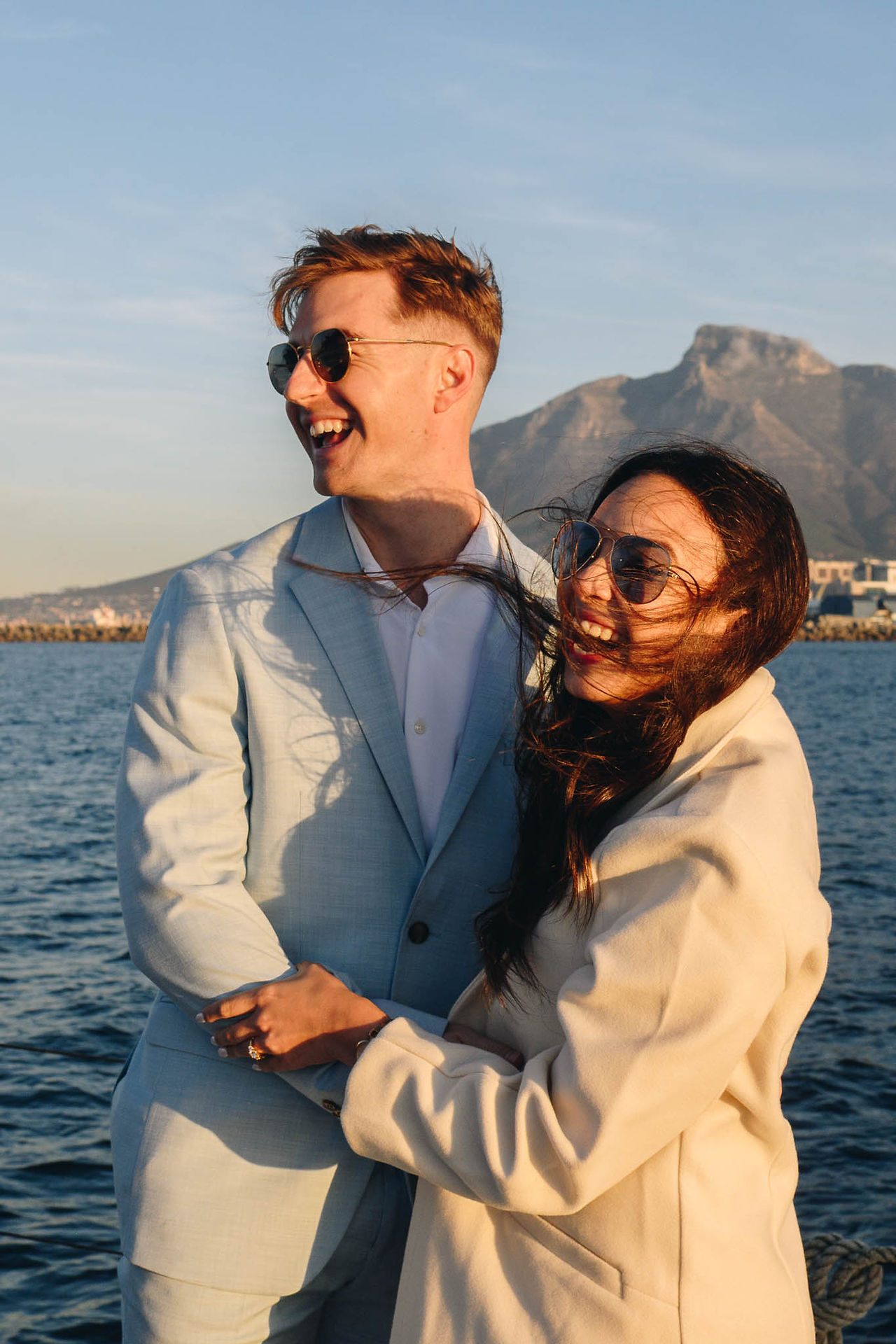 A proposal at sunset on a boat cruise in Cape Town