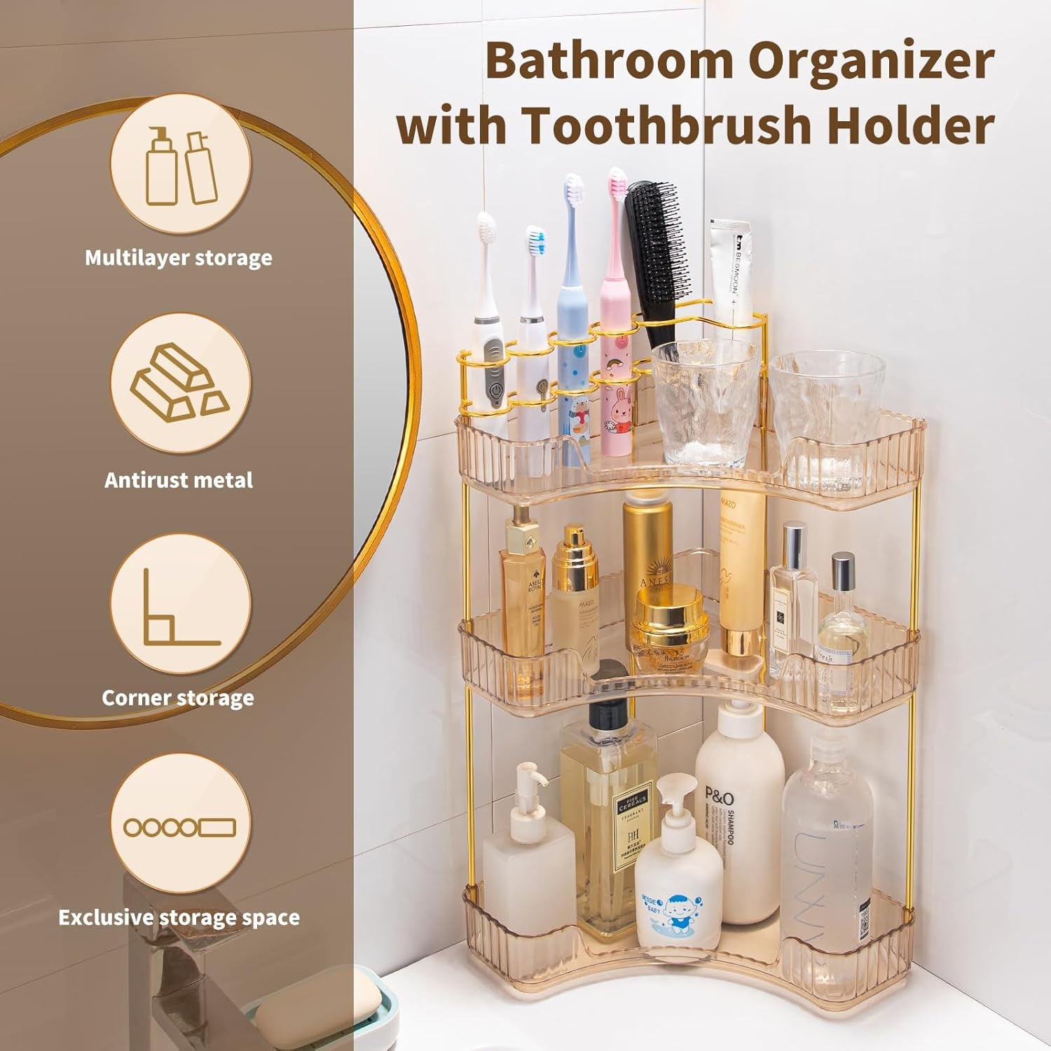 NATURE'S SOURCE Makeup Organizer for Vanity, 3-Tier Corner Bathroom Organizer