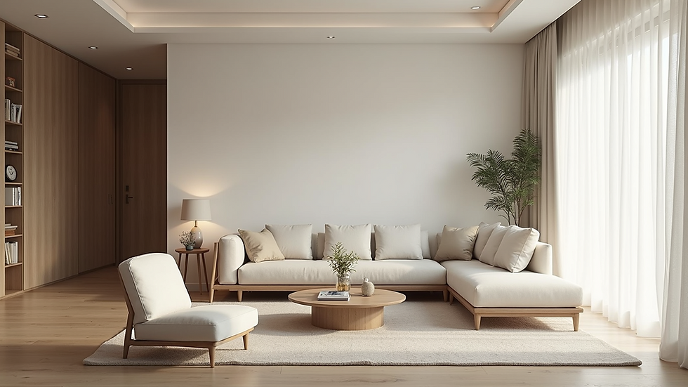 Wide angle view of a minimalist living room with natural light