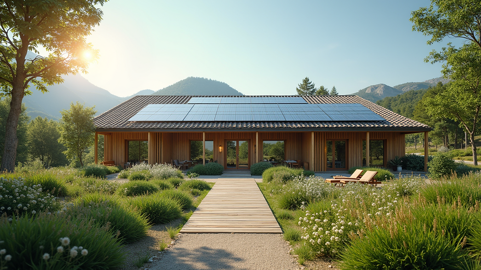 Wide angle view of an eco-friendly hotel exterior with solar panels