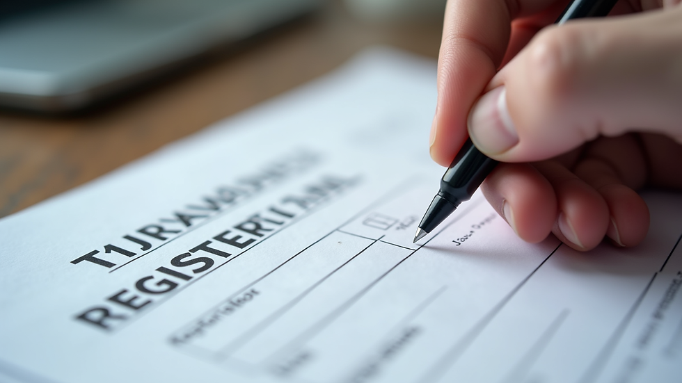 Close-up view of a person filling out a trademark registration form