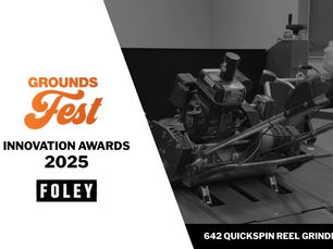 Promotional graphic featuring the GroundsFest Innovation Awards 2025 logo alongside the Foley 642 QuickSpin Reel Grinder, shortlisted in the Turf Maintenance Equipment category.