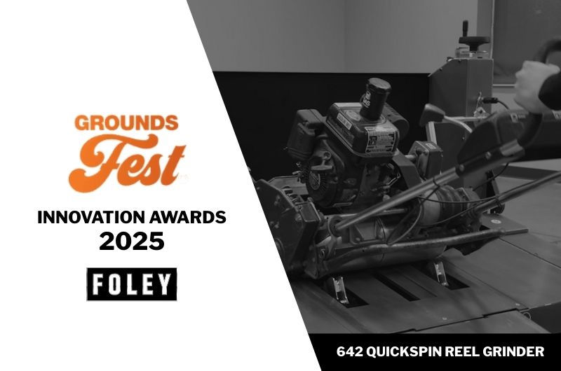 GroundsFest Innovation Awards 2025 graphic featuring the Foley 642 QuickSpin Reel Grinder, recognized in the Turf Maintenance Equipment category.