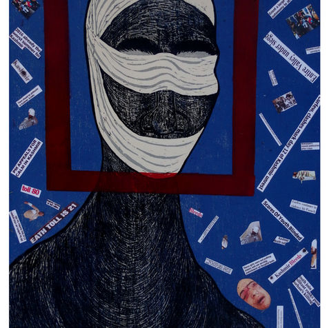 face painting, covered in bandages. like being blind and dumb to the realities of the society and world. Turning blind eye. Turning deaf ears. Woodcut art