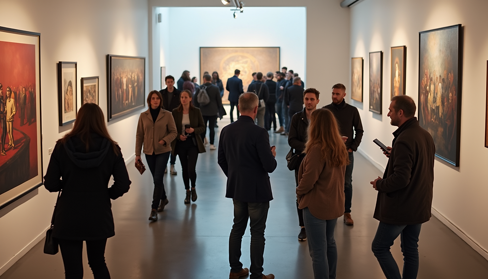 An art exhibition. Visitors admiring the art. Buying and investing in art