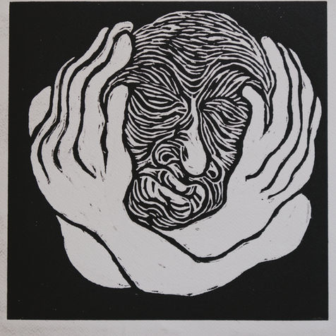 A struggling women. Hands on her ears. A woodcut print. Black and white art. South-Asian art. Bengal voices