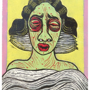Woodcut print of a woman. Exaggerated feature. sad and wailing eyes. Shows the marginalised struggles.