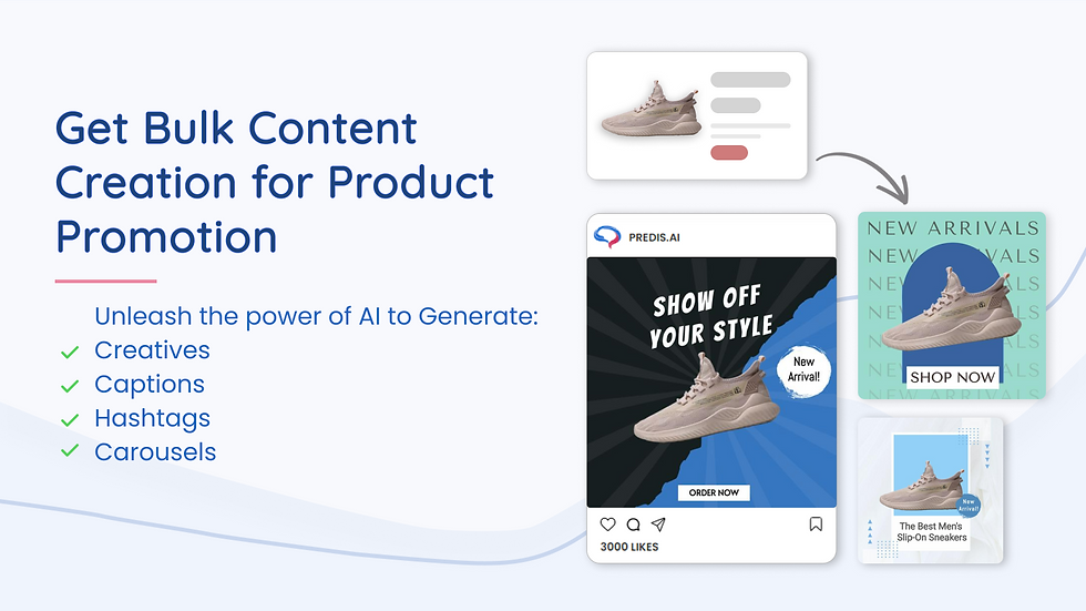 AI-powered content creation promo with shoe ads. Text: Get Bulk Content Creation for Product Promotion. Features creatives, captions, hashtags.