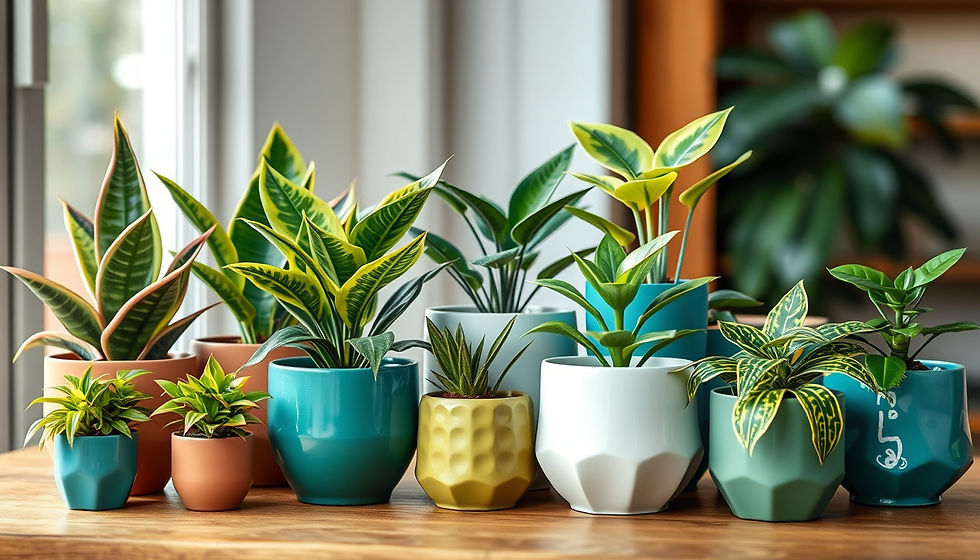 Close-up view of a variety of potted indoor plants arranged neatly