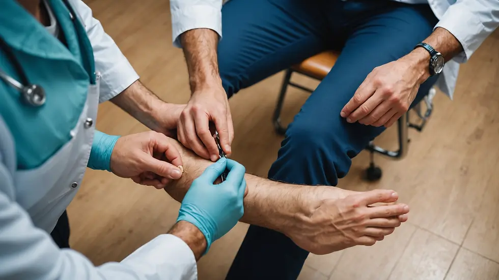 High angle view of a doctor examining an ankle for injury