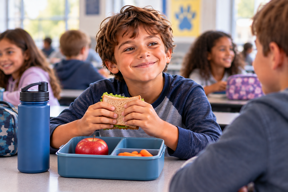 Child eating a healthy lunch with friends in a school cafeteria