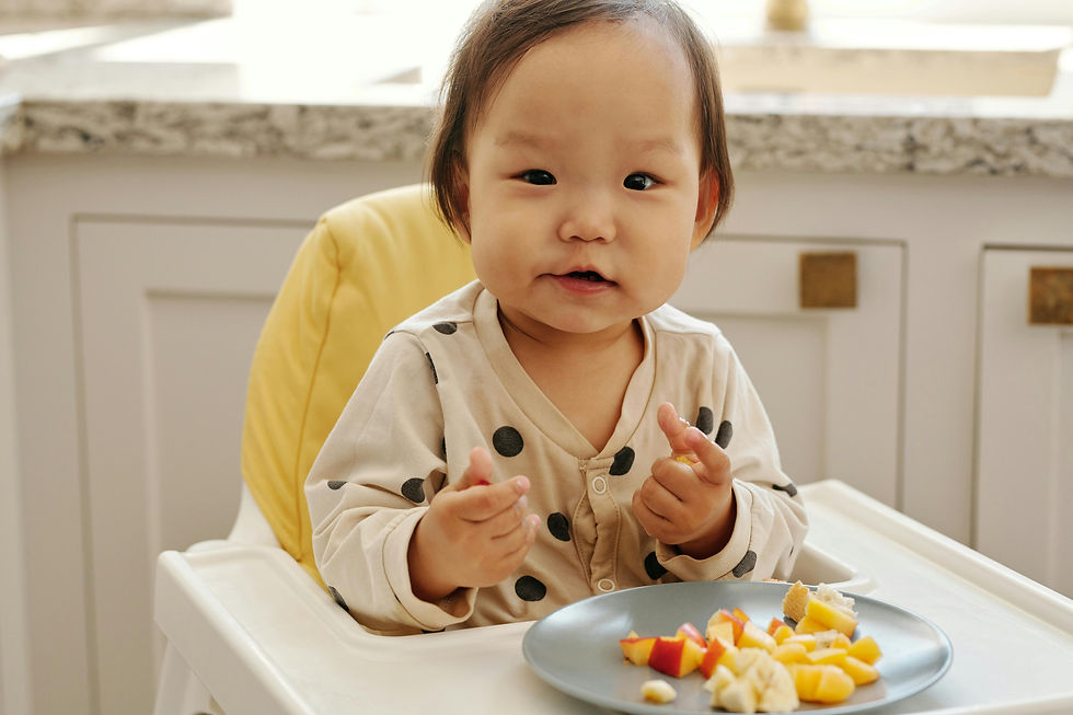 Asian toddler child sitting in a high chair and eating healthy fruits