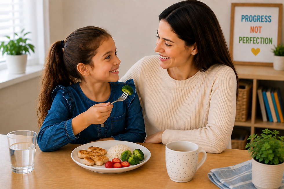A young girl trying new foods with her mother encouraging her