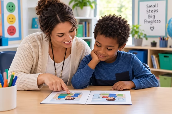 Teacher and child reading a social story for kids with autism at school