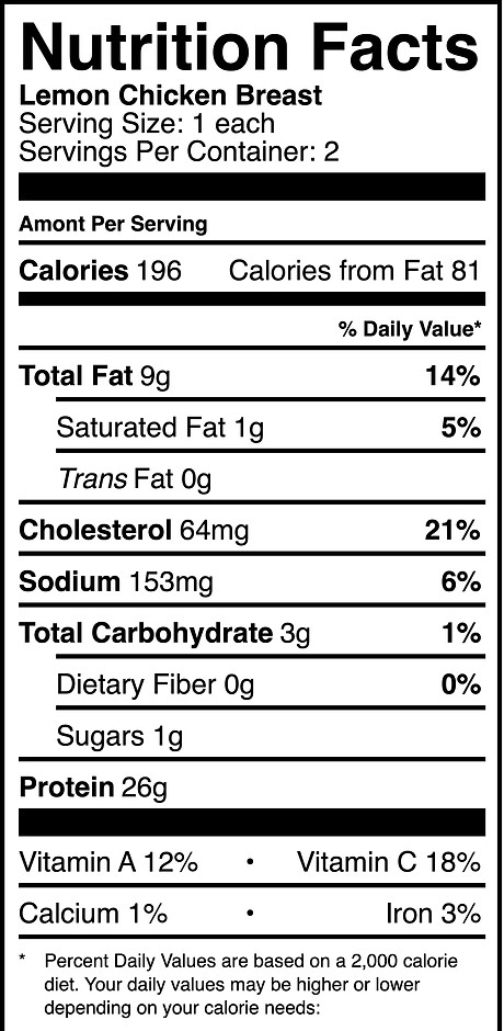 Lemon Chicken Breast Nutrition Label