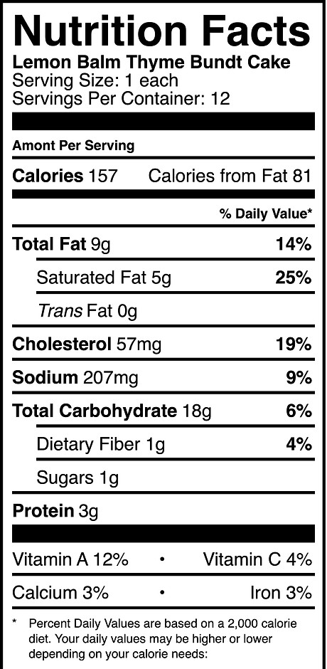 Lemon Balm Thyme Bundt Cake Nutrition Label
