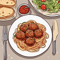 spaghetti with meatball and a side salad and french bread.jpg