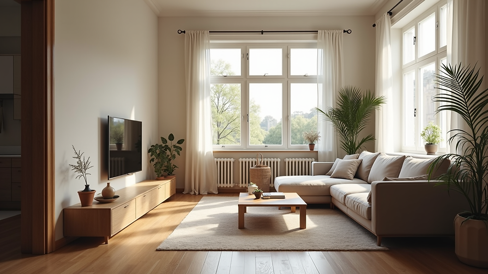 Eye-level view of a cozy living room with natural light and modern furniture