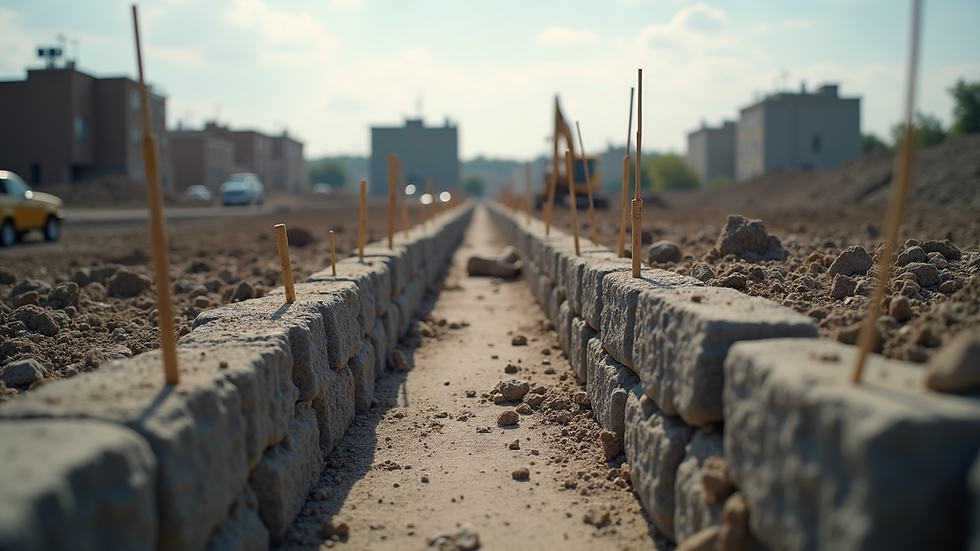 Eye-level view of a construction site showing foundation work