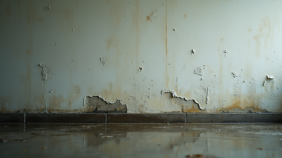 Eye-level view of a damp wall showing water stains and peeling paint