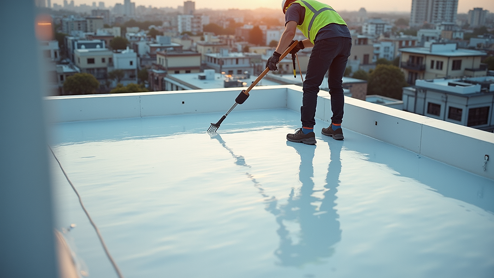 High angle view of a rooftop terrace with waterproofing membrane being applied